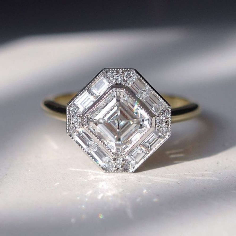 Nextnecklace Two Tone Elegant Halo Asscher Cut Engagement Ring
